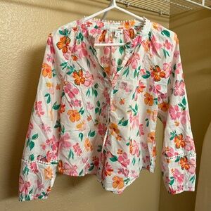 J. Crew Whimsical Boho Pink & Orange Floral Pom Pom Trim Cotton Blouse